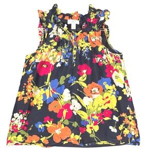 Ann Taylor‎ LOFT Petites Floral Ruffle Neck Sleeveless Blouse Navy MP